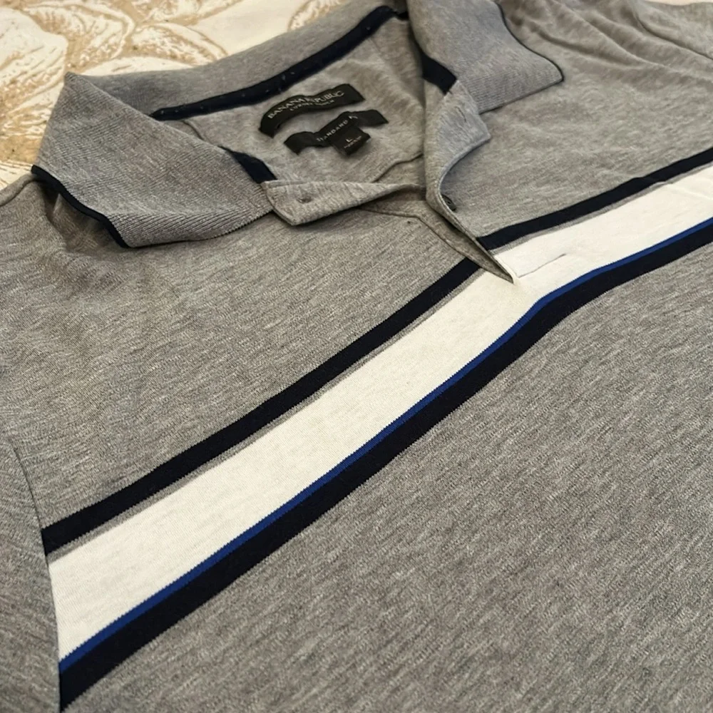 Banana Republic Luxury-Touch Striped Polo Shirt Gray Mens Size L Standard Fit